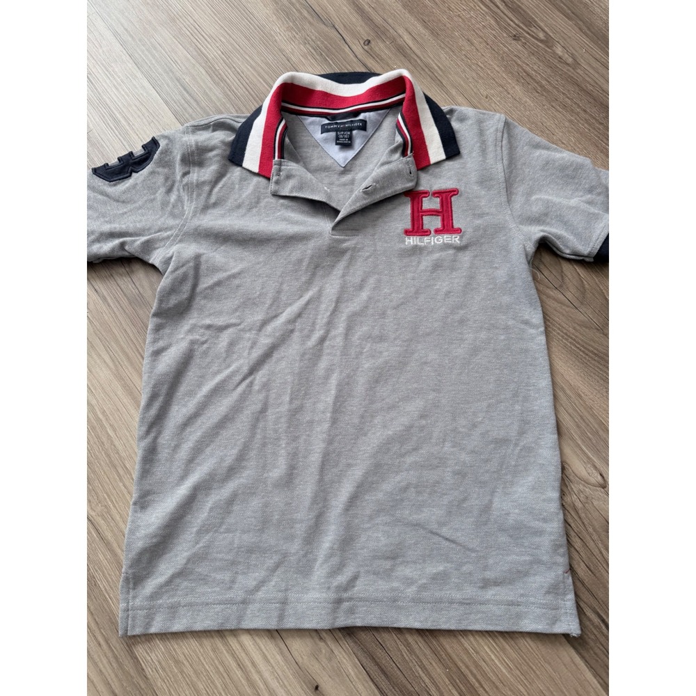 Tommy Hilfiger Boys Gray Pique Polo Shirt H Logo Stripe Collar Size S 8/10